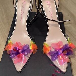 Betsey Johnson Black Heels with Colorful Floral Accents